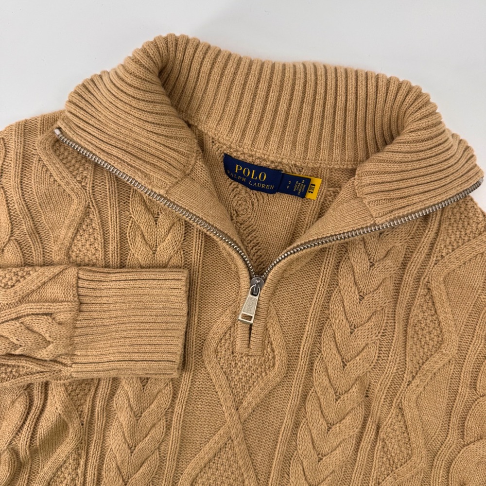 Polo Ralph Lauren Quarter Zip Sweater Mens S Tan Cable Knit Cotton Wool Blend